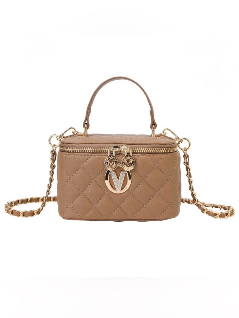 Valentino Orlandi Quilted Tan Crossbody Vanity Bag with Gold Chain